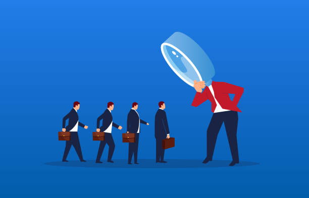 ilustrações, clipart, desenhos animados e ícones de um grupo de homens de negócios está em uma fileira para aceitar a revisão do foreman - business standing out from the crowd individuality discovery