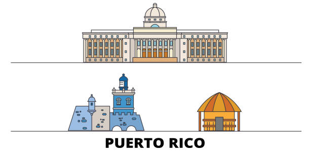 Puerto Rico flat landmarks vector illustration. Puerto Rico line city with famous travel sights, skyline, design. Puerto Rico flat landmarks vector illustration. Puerto Rico line city with famous travel sights, design skyline. puerto rico silhouette stock illustrations