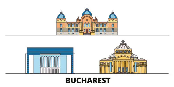 Vector illustration of Romania, Bucharest flat landmarks vector illustration. Romania, Bucharest line city with famous travel sights, skyline, design.
