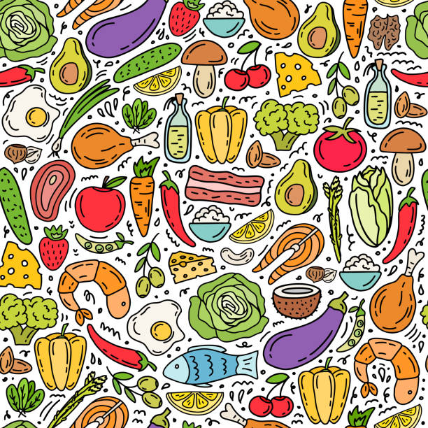 Healthy food seamless pattern Healthy food seamless pattern. Organic food background. Vector doodle illustration. meat designs stock illustrations