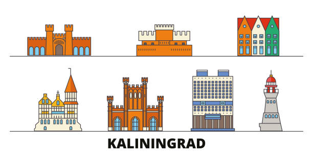 러시아, 칼리닌그라드 평면 랜드마크 벡터 일러스트입니다. 러시아, 칼리닌그라드 라인 도시 유명한 여행 명소, 스카이라인, 디자인. - kaliningrad stock illustrations