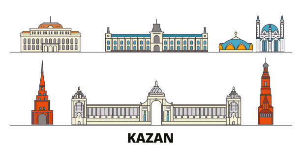 russland, kazan flachlandmarken-vektorabbildung. russland, kasaner linie stadt mit berühmten reise-sehenswürdigkeiten, skyline, design. - tatarstan stock-grafiken, -clipart, -cartoons und -symbole