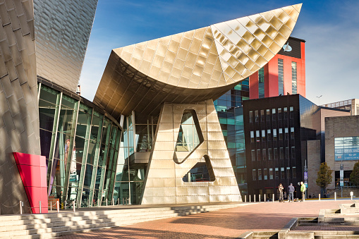 2 November 2018: Salford Quays, Manchester, UK -  The Lowry, the gallery and museum complex celebrating the life of L.S. Lowry. It was designed by James Stirling and Michael Wilford .