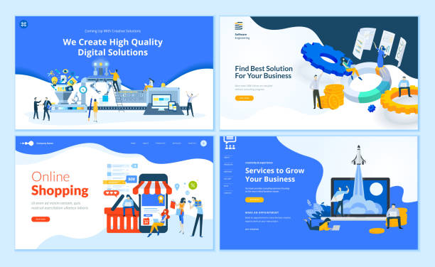 Set of flat design web page templates of web development, business apps and solutions, startup, online shopping Modern vector illustration concepts for website and mobile website development. dx stock illustrations
