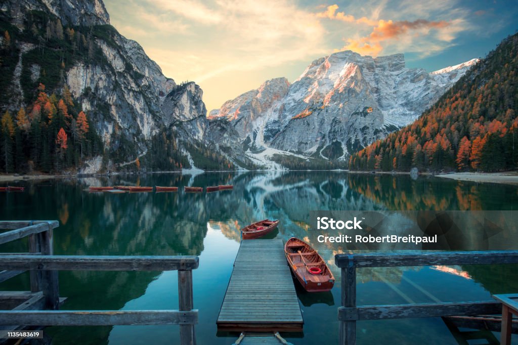 Beautiful lake in the italian alps, Lago di Braies Italy Stock Photo