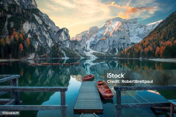 Beautiful Lake In The Italian Alps Lago Di Braies Stock Photo - Download Image Now - Italy, Dolomites, Landscape - Scenery