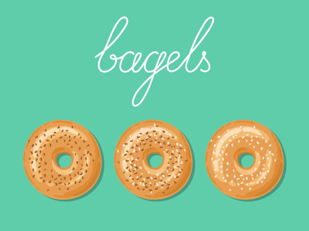 illustrations, cliparts, dessins animés et icônes de vue de dessus de 3 bagels frais avec des graines de sésame blanches et brunes sur le dessus. illustration vectorielle. - bagel bread isolated baked