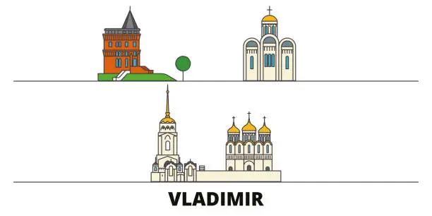 Vector illustration of Russia, Vladimir flat landmarks vector illustration. Russia, Vladimir line city with famous travel sights, skyline, design.