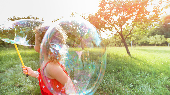 A hand touches a delicate soap bubble in the sunlight, among vegetation and flowers.