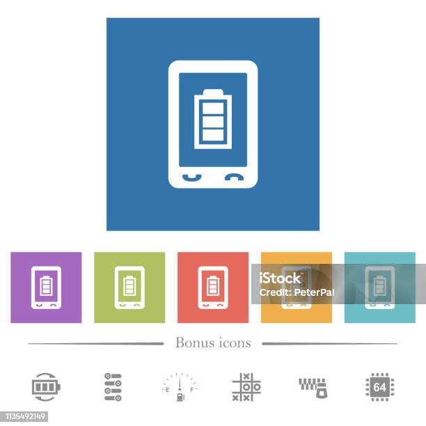 Mobile Battery Status Flat White Icons In Square Backgrounds Stock Illustration - Download Image Now