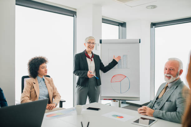 istock Business woman pointing at whiteboard 1135492584