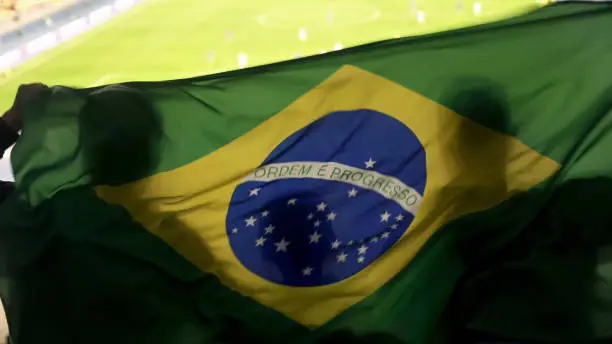 Brazilian supporters waving national flag, cheering for football team victory