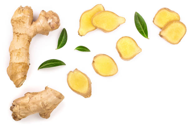 istock fresh Ginger root and slice isolated on white background with copy space for your text. Top view. Flat lay 1135498736