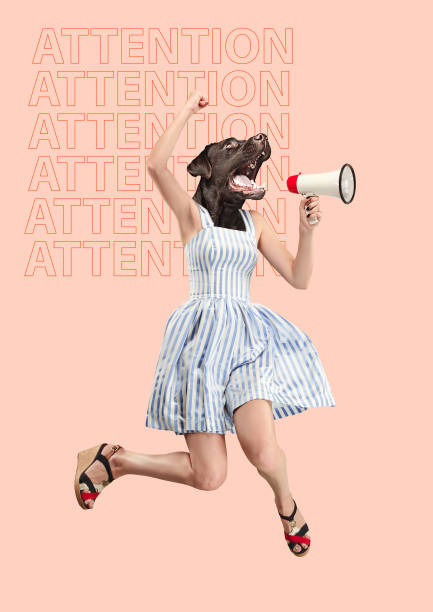 collage d'art contemporain ou portrait de femme tête de chien étonné - screaming shouting women using voice photos et images de collection
