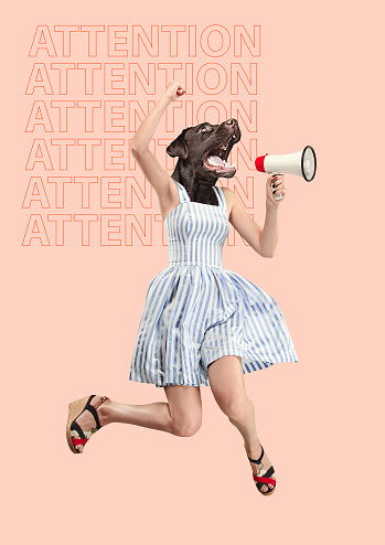 Contemporary art collage or portrait of surprised dog headed woman. Modern style pop zine culture concept. Woman screaming with a megaphone. Business processes, message, speaker, communication concepts.