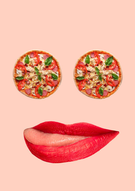 istock Funny art collage. Pizza eyes with red lips. 1135499133