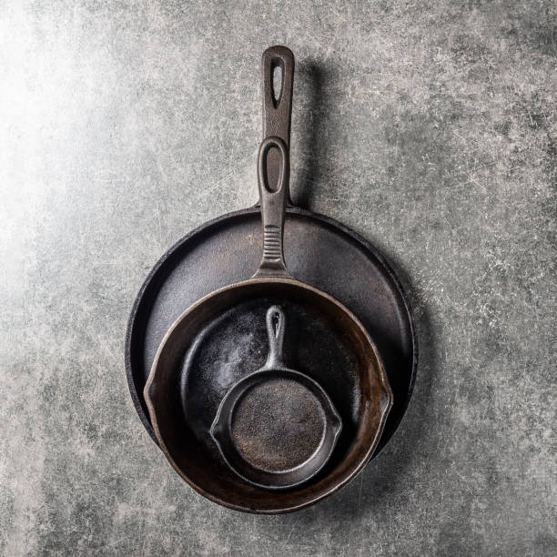 istock Cast iron Pans or Skillets on Grey Background 1135500255