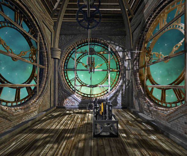 The clock tower viewpoint Clock tower interior in a steampunk style - 3D illustration steampunk stock pictures, royalty-free photos & images