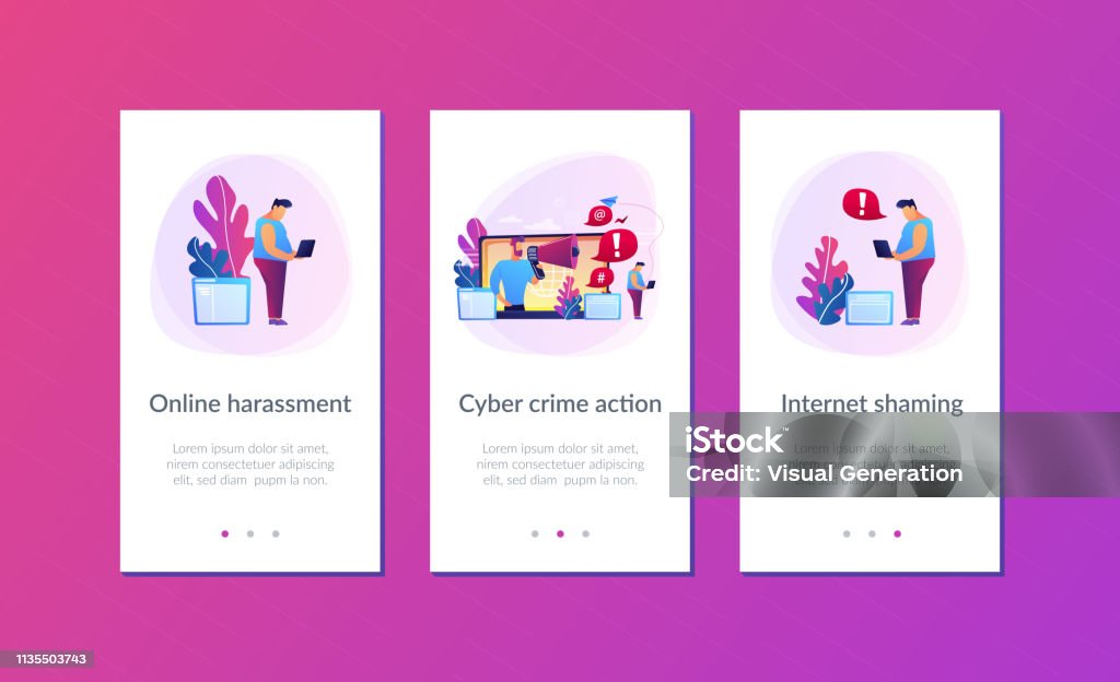 Internet shaming app interface template. Target individual with laptop attacked online by user with megaphone. Internet shaming, online harassment, cyber crime action concept. Mobile UI UX GUI template, app interface wireframe Blame stock vector