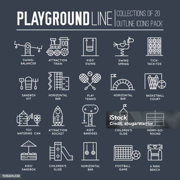 Kids Thin Line Playground Field With Many Staff Equipment Background Icons Set Outline Vector Flat Fun Outdoor Park Illustration Concept Design Stock Illustration - Download Image Now