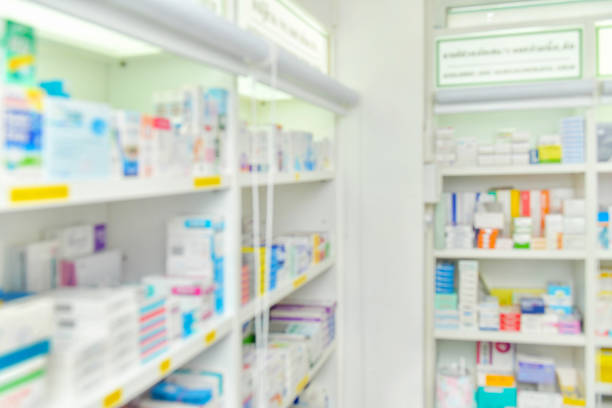 istock Shelves in Pharmacy interior with blurred background 1135504781