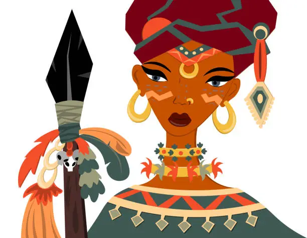 Vector illustration of A woman of the tribe in national costume, a turban and a spear. Traditional and ethnic.