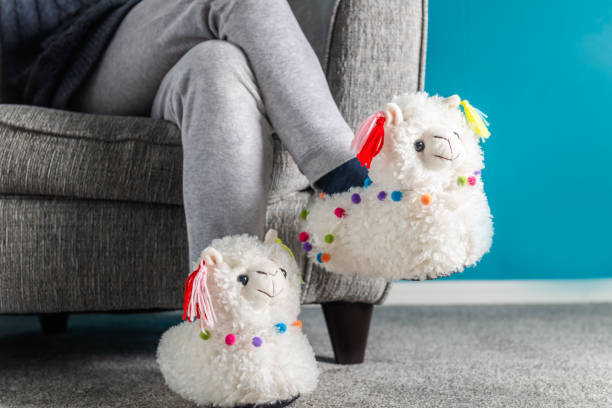 istock Young girl is wearing cute soft 3d llama slippers 1135506257