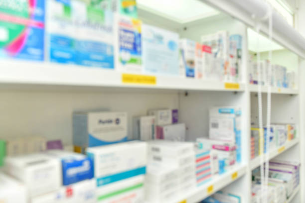 istock Shelves in Pharmacy interior with blurred background 1135508565