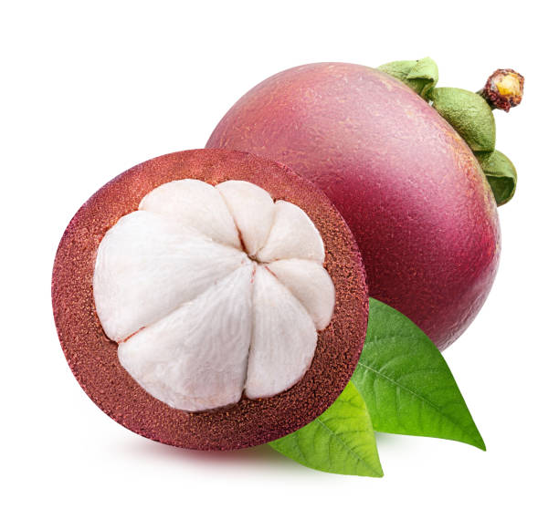 istock Mangosteens with leafs isolated on white background 1135509188