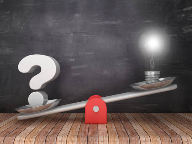 istock Seesaw Scale with Light Bulb and Question Mark on Chalkboard Background - 3D Rendering 1135510384