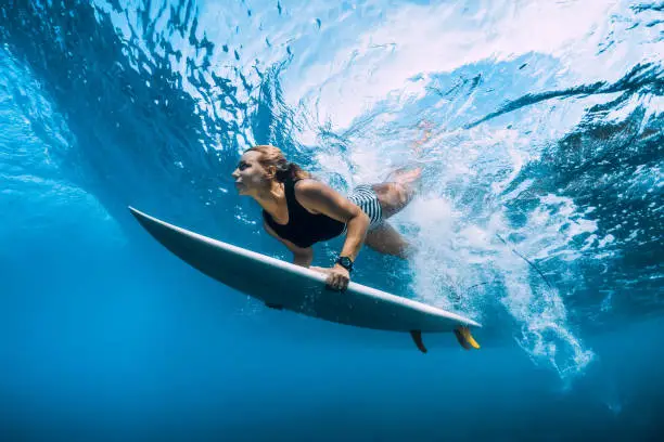 Photo of Surfer woman dive underwater. Surfgirl dive under big wave