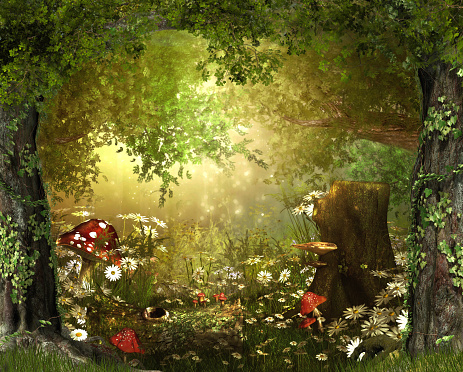Beautiful enchanting fairy tale lush woodland, 3d render