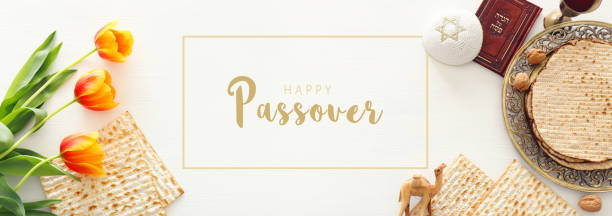 concetto di celebrazione pesah (festa ebraica di pasqua). vista dall'alto, lay piatto - seder passover seder plate matzo foto e immagini stock