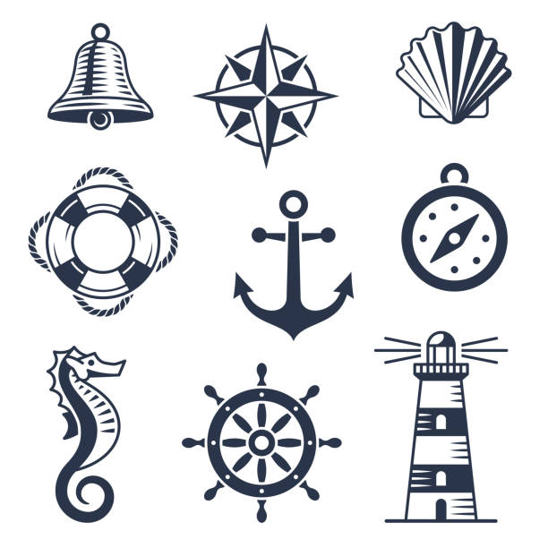 Set of marine, maritime or nautical icons Set of marine, maritime or nautical icons fish clip art black and white stock illustrations