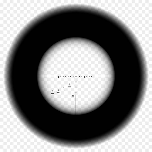 Sniper rifle scope view Realistic sniper scope sight. Sniper scope with measurement marks on transparent background. Black overlay in sniper scope crosshairs view. Realistic military optical sight. telescope lens stock illustrations