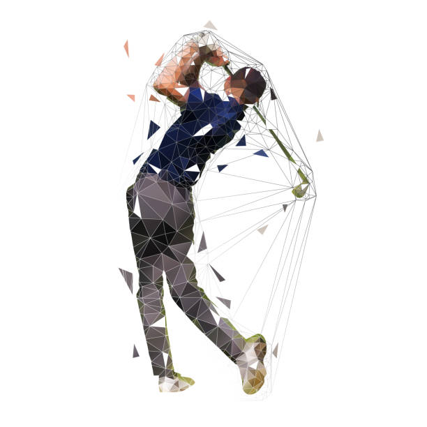 ilustrações de stock, clip art, desenhos animados e ícones de golf player, low polygonal golfer vector isolated illustration. golf swing - action pose portrait