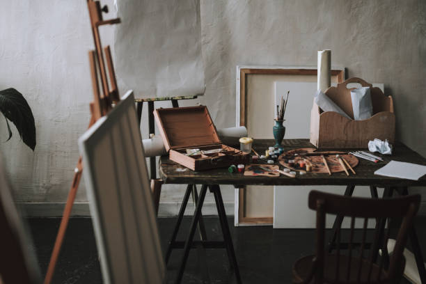 istock Art studio with necessary artistic equipment on the table 1135519624