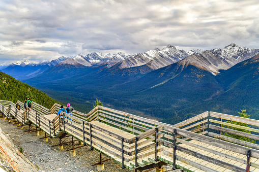 Boardwalk on Sulphur Mountain connecting Gondola landing.Gondola ride to Sulphur Moutain overlooks the Bow Valley and the town of Banff.Canada