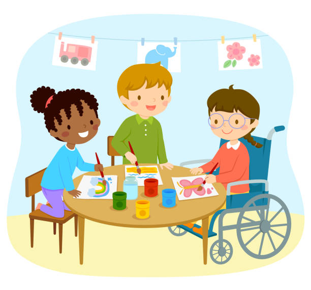 Disabled girl drawing with friends Disabled girl in a wheelchair drawing with her friends in the kindergarten multicultural children stock illustrations
