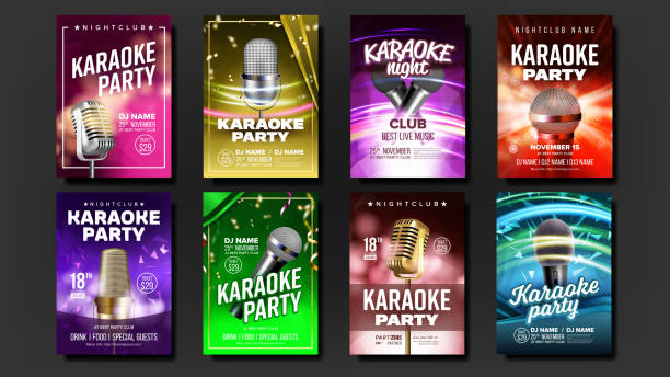 Karaoke Poster Set Vector. Music Night. Sing Song. Dance Event. Vintage Studio. Old Bar. Speaker Label.Entertainment Competition. Musical Record. Broadcast Object. Realistic Illustration Karaoke Poster Set Vector. Colorful Instrument. Technology Symbol. Party Flyer. Music Night. Realistic Illustration karaoke stock illustrations