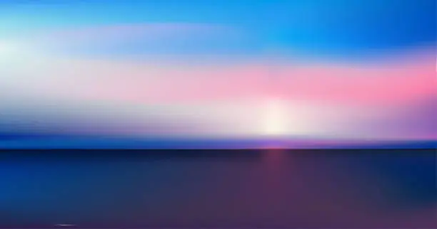 Vector illustration of Abstract aerial panoramic view of sunrise over ocean. Nothing but blue bright sky and deep dark water. Beautiful serene scene. Romantic Vector illustration. EPS 10