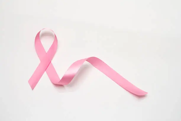 Photo of Pink breast cancer ribbon on white