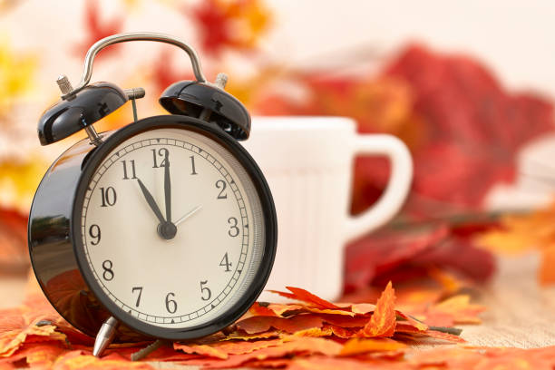 istock Old clock on autumn leaves on wooden table 1135521895