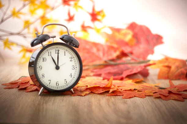 istock Old clock on autumn leaves on wooden table 1135521919