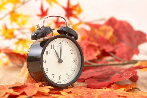 istock Old clock on autumn leaves on wooden table 1135521966