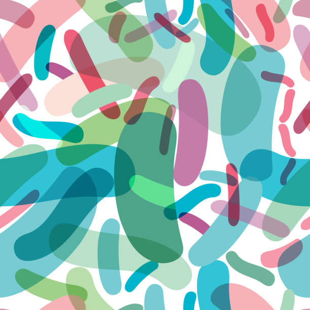 Probiotics and prebiotics seamless pattern Probiotics and prebiotics seamless pattern. Normal gram-positive anaerobic microflora background. Editable vector illustration in light blue, green, pink colors. Transparent style. Medical concept. probiotic pattern stock illustrations