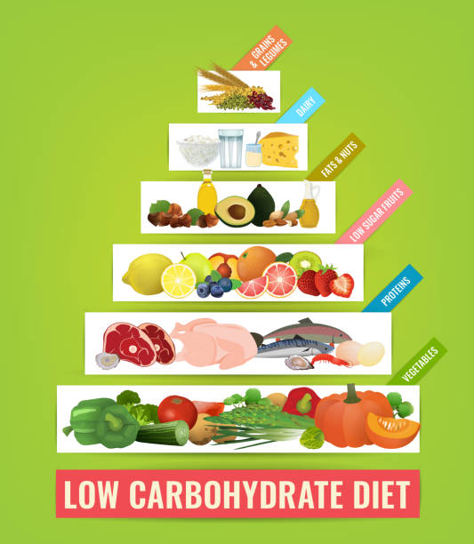Low carbohydrate diet poster Low carbohydrate diet poster in modern style . Colorful vector illustration with food categories isolated on a bright green background. Healthy eating concept. Vertical image atkins diet stock illustrations