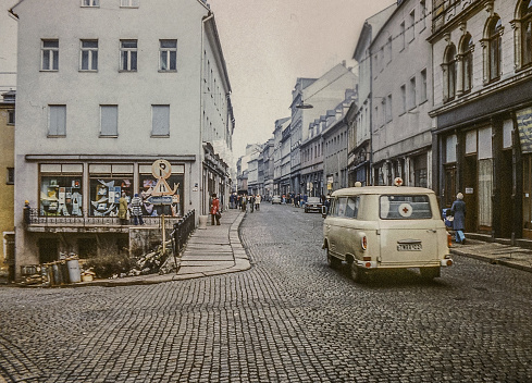 Annaberg-Buchholz, GDR, 1978 - On the way in the streets of Annaberg-Buchholz in the Erzgebirge. A Barkas B1000 is on the way to the hospital of Annaberg as ambulance.
