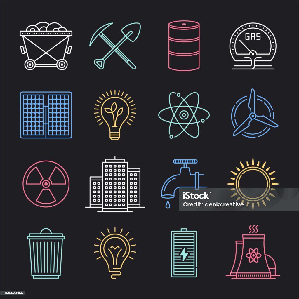 Energy Efficiency Policy Neon Style Vector Icon Set Energy efficiency policy neon style concept outline symbols. Line vector icon sets for infographics and web designs. Advertisement stock vector