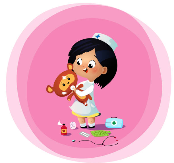 Cute little girl plays doctor with toy bear vector art illustration